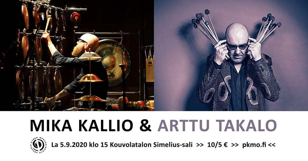 Konsertin mainoskuva, jossa Mika Kallio soittaa lyömäsoittimia ja Arttu Takalo poseeraa malletit käsissä.